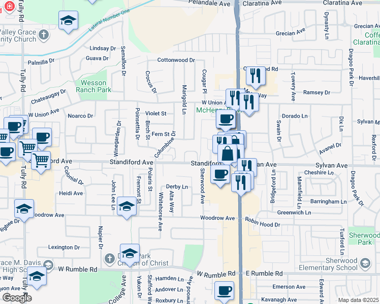 map of restaurants, bars, coffee shops, grocery stores, and more near 412 Grace Avenue in Modesto
