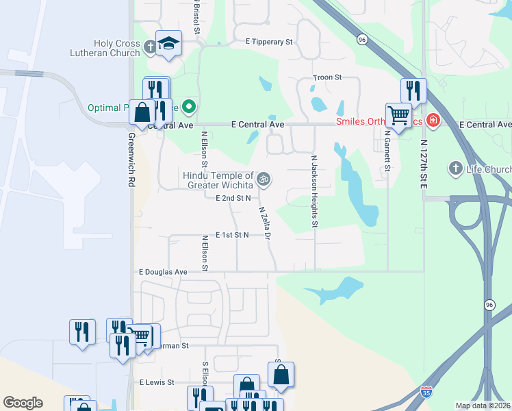 map of restaurants, bars, coffee shops, grocery stores, and more near 301-399 North Zelta Street in Wichita