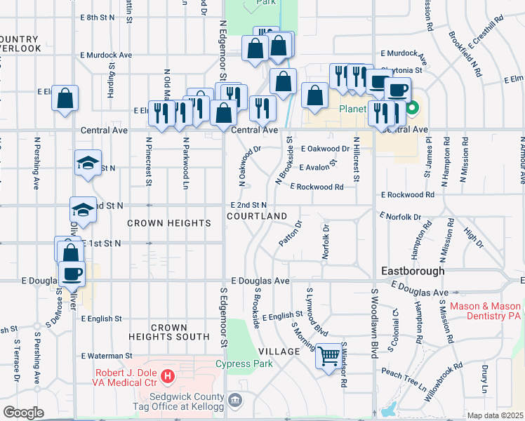 map of restaurants, bars, coffee shops, grocery stores, and more near 311 N Brookside Pkwy in Wichita