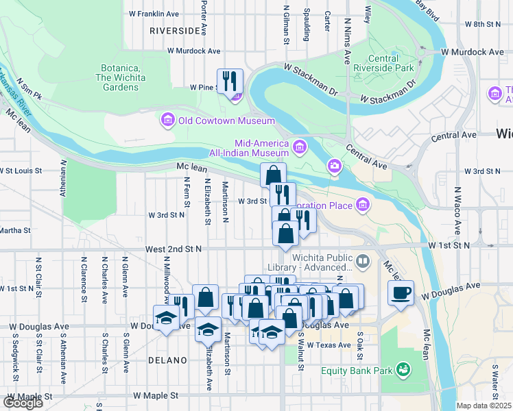 map of restaurants, bars, coffee shops, grocery stores, and more near in Wichita