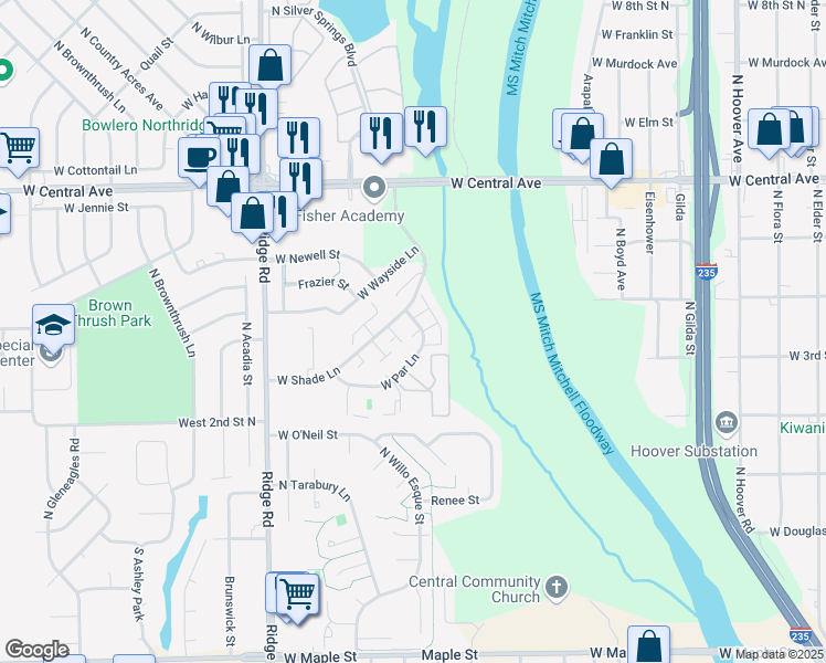 map of restaurants, bars, coffee shops, grocery stores, and more near 6725 West Shade Lane in Wichita