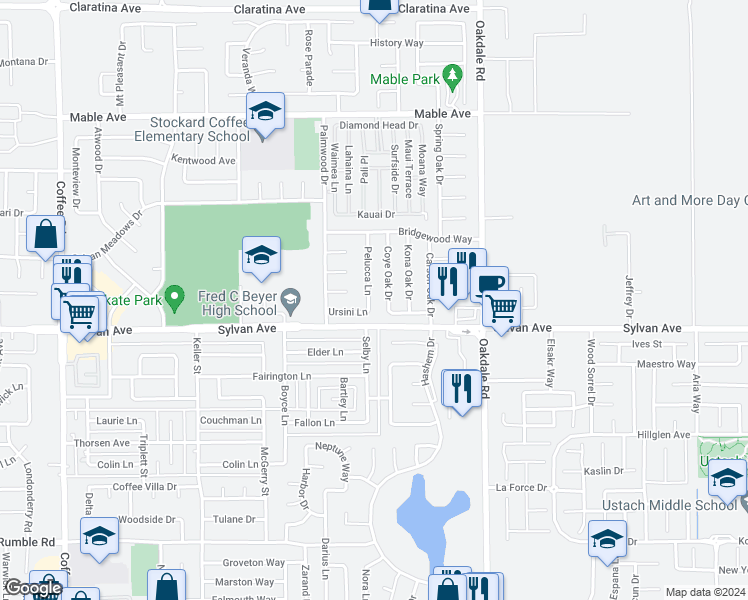 map of restaurants, bars, coffee shops, grocery stores, and more near 3512 Pelucca Lane in Modesto