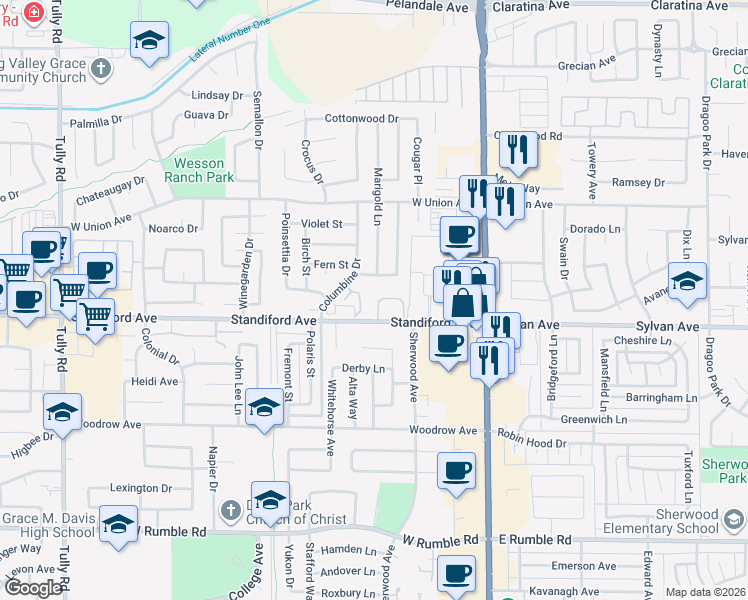 map of restaurants, bars, coffee shops, grocery stores, and more near 325 Standiford Avenue in Modesto