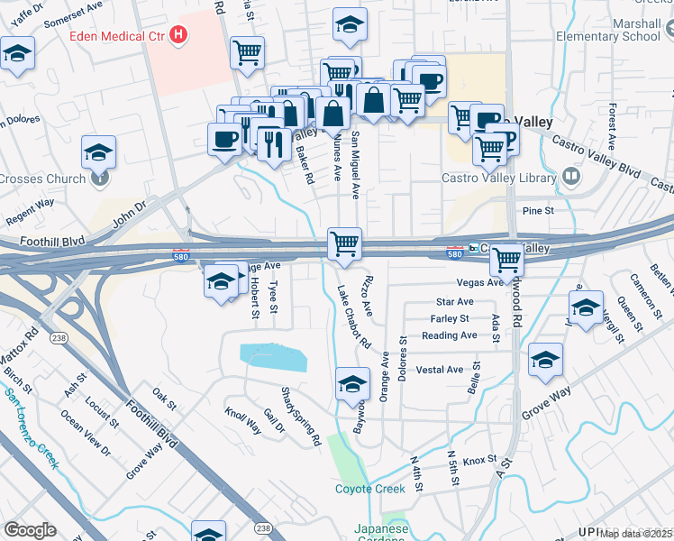 map of restaurants, bars, coffee shops, grocery stores, and more near 21220 Lake Chabot Road in Castro Valley