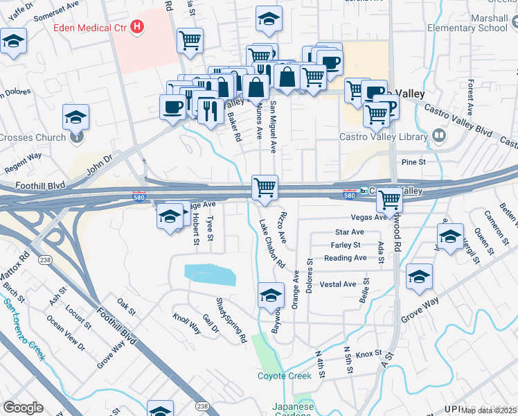 map of restaurants, bars, coffee shops, grocery stores, and more near 21222 Lake Chabot Road in Castro Valley