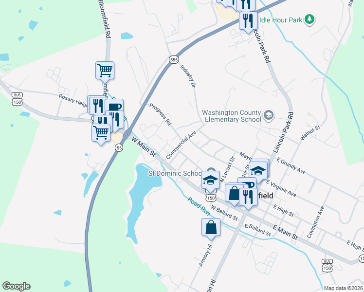 map of restaurants, bars, coffee shops, grocery stores, and more near Commercial Avenue in Springfield