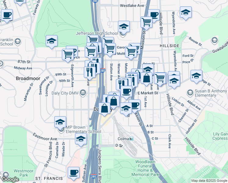 map of restaurants, bars, coffee shops, grocery stores, and more near 138 West Market Street in Daly City