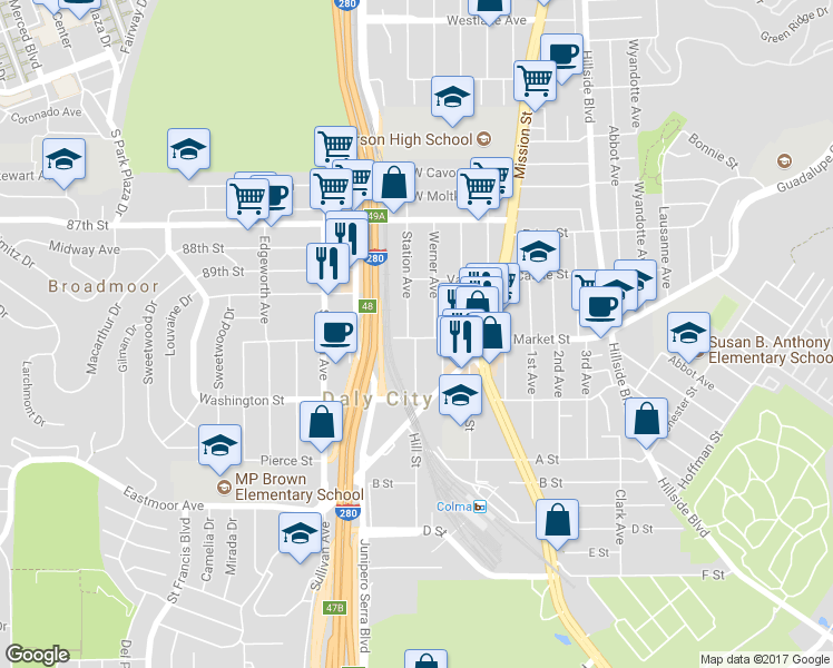 map of restaurants, bars, coffee shops, grocery stores, and more near 138 West Market Street in Daly City