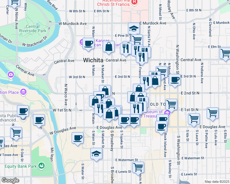 map of restaurants, bars, coffee shops, grocery stores, and more near in Wichita