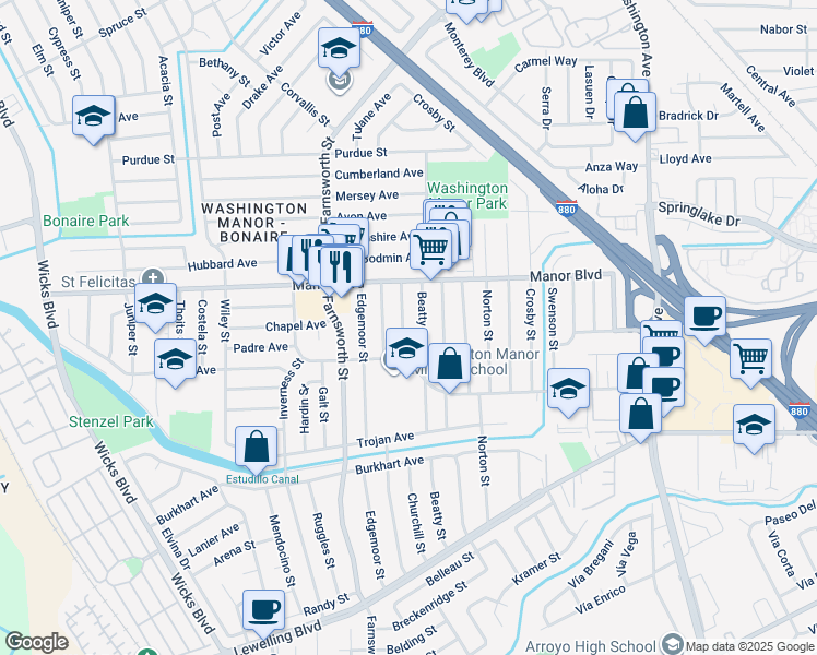map of restaurants, bars, coffee shops, grocery stores, and more near 15068 Churchill Street in San Leandro
