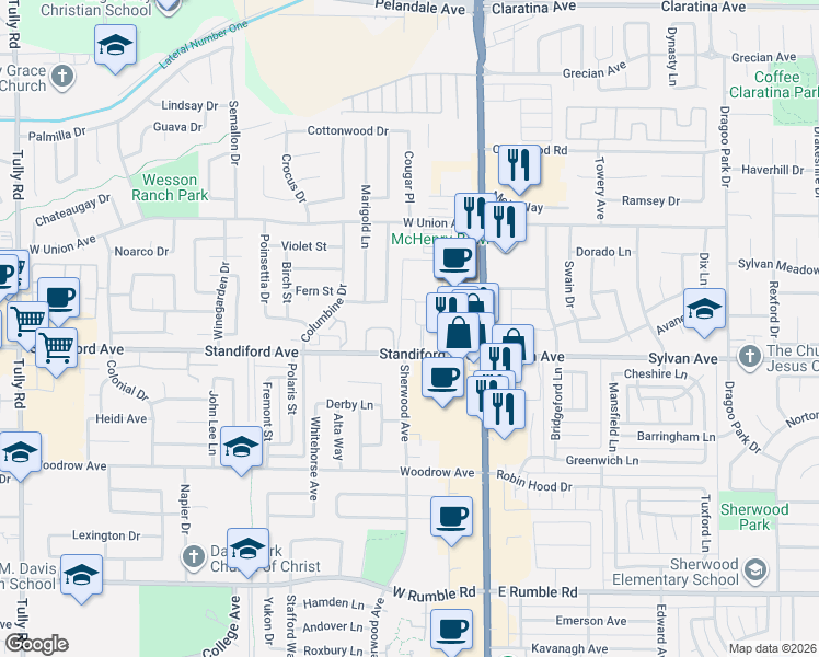 map of restaurants, bars, coffee shops, grocery stores, and more near 301 Standiford Avenue in Modesto