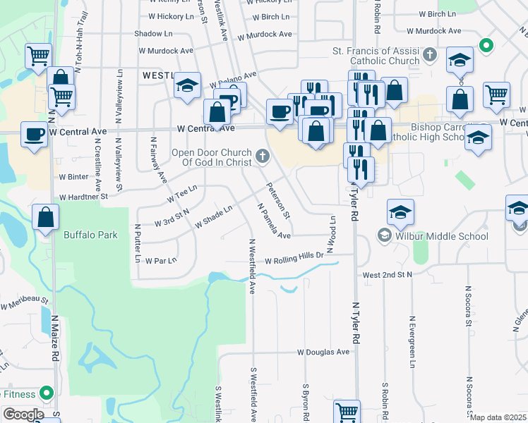 map of restaurants, bars, coffee shops, grocery stores, and more near 472 Pamela in Wichita