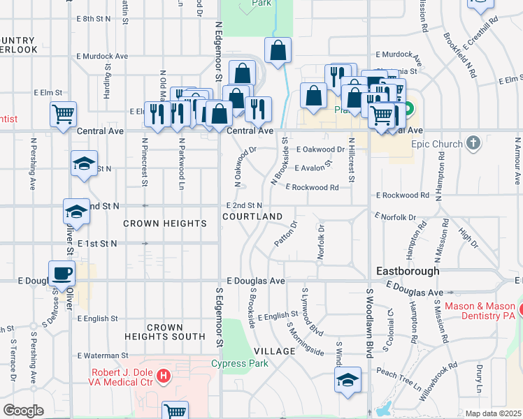 map of restaurants, bars, coffee shops, grocery stores, and more near 255 North Brookside Street in Wichita