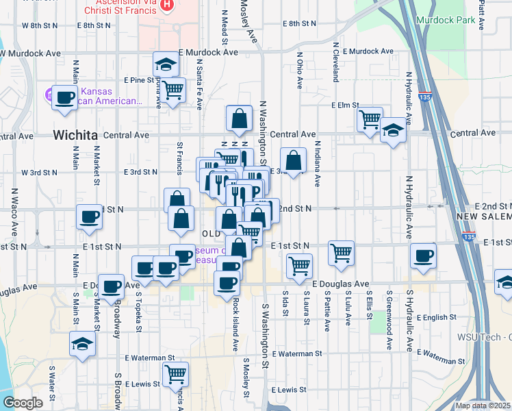 map of restaurants, bars, coffee shops, grocery stores, and more near 301 Washington North in Wichita