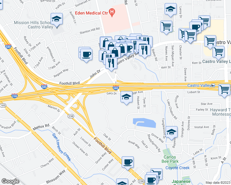 map of restaurants, bars, coffee shops, grocery stores, and more near 21001 Gary Drive in Castro Valley
