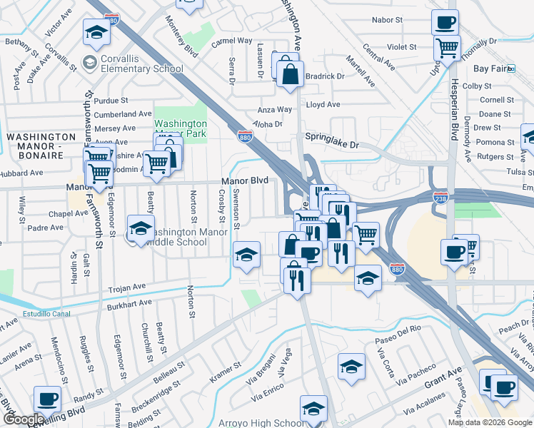 map of restaurants, bars, coffee shops, grocery stores, and more near 643 Beatrice Street in San Leandro