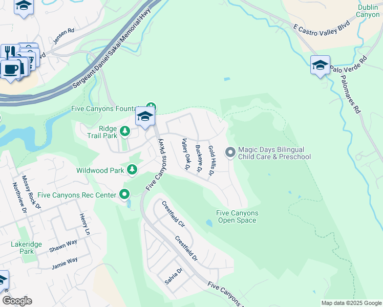 map of restaurants, bars, coffee shops, grocery stores, and more near 25110 Valley Oak Drive in Castro Valley