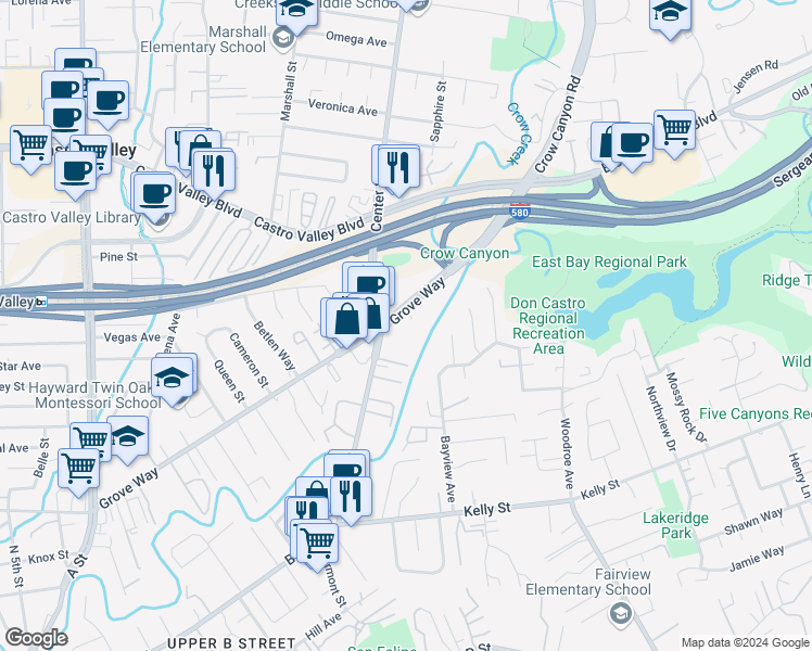 map of restaurants, bars, coffee shops, grocery stores, and more near 3057 Grove Way in Castro Valley