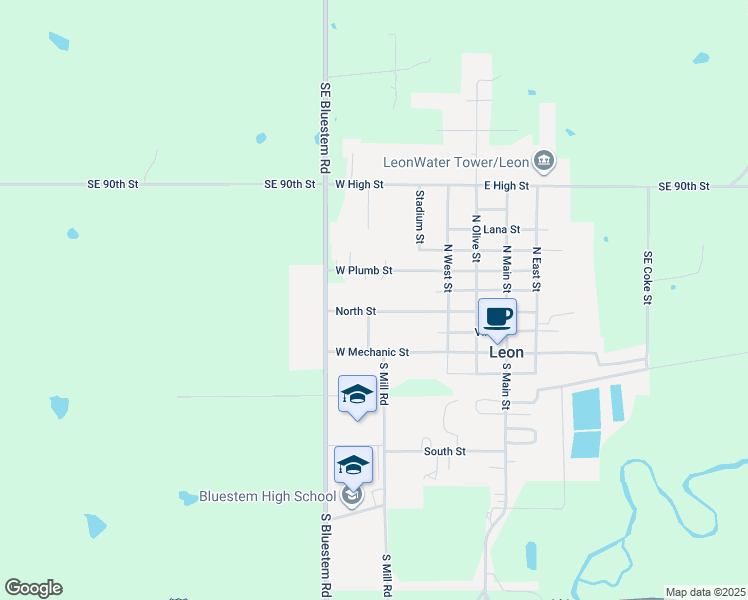 map of restaurants, bars, coffee shops, grocery stores, and more near 443 West Plumb Street in Leon