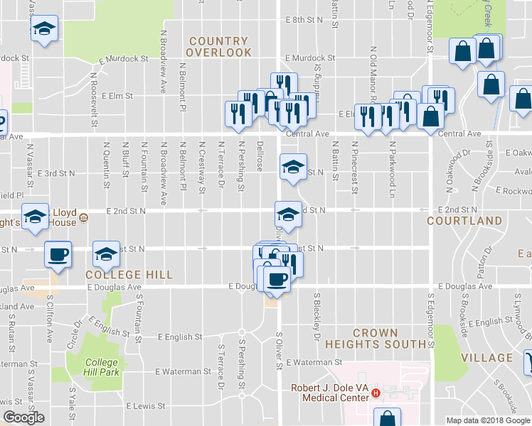 map of restaurants, bars, coffee shops, grocery stores, and more near 315 North Oliver Street in Wichita