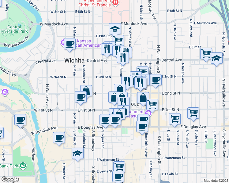 map of restaurants, bars, coffee shops, grocery stores, and more near 325 North Saint Francis Street in Wichita
