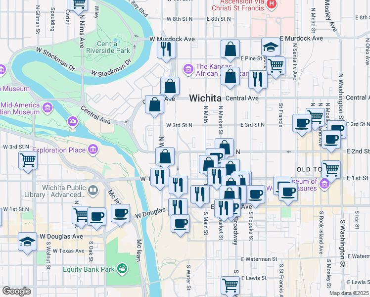 map of restaurants, bars, coffee shops, grocery stores, and more near in Wichita