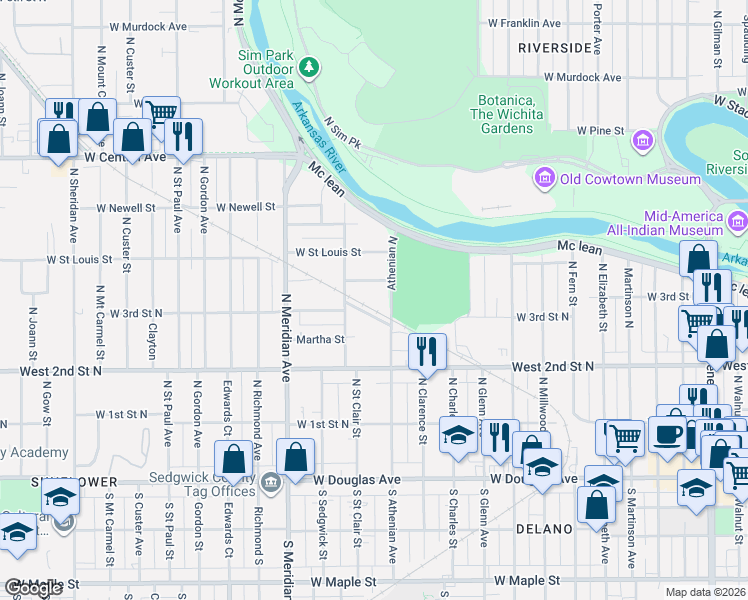map of restaurants, bars, coffee shops, grocery stores, and more near 2235 Caroline in Wichita