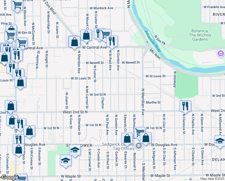 map of restaurants, bars, coffee shops, grocery stores, and more near 434 North Saint Paul Street in Wichita