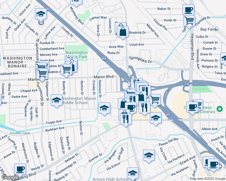 map of restaurants, bars, coffee shops, grocery stores, and more near 643 Beatrice Street in San Leandro