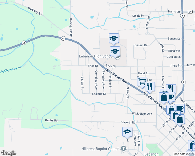 map of restaurants, bars, coffee shops, grocery stores, and more near 240 Cornelison Avenue in Lebanon