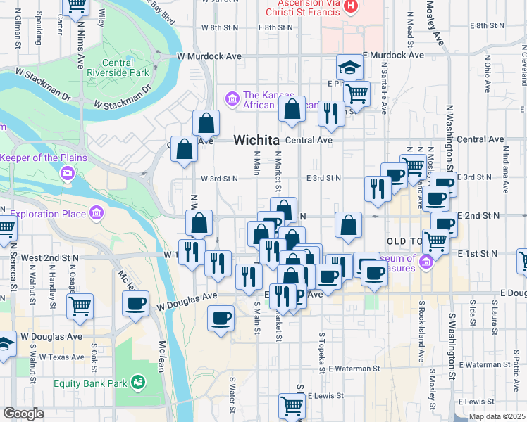 map of restaurants, bars, coffee shops, grocery stores, and more near 300 North Main Street in Wichita