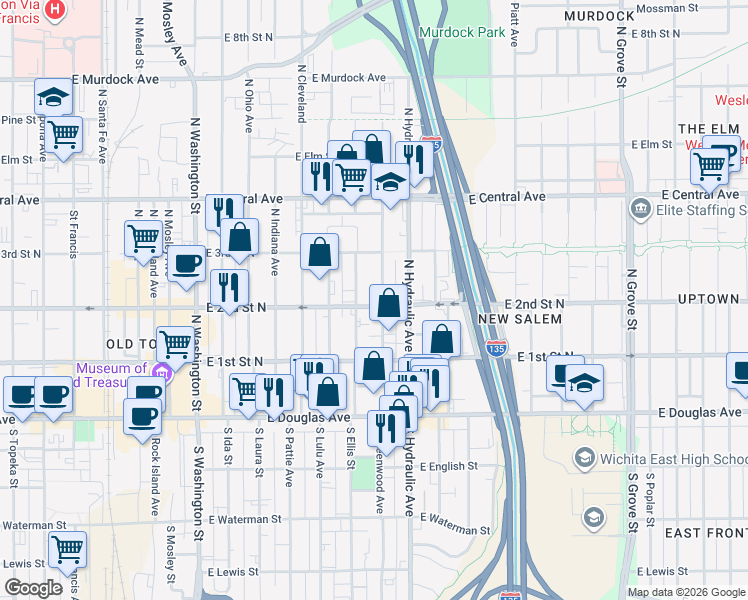 map of restaurants, bars, coffee shops, grocery stores, and more near 1618 East 2nd Street North in Wichita