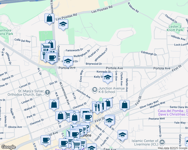 map of restaurants, bars, coffee shops, grocery stores, and more near 2710 Kelly Street in Livermore
