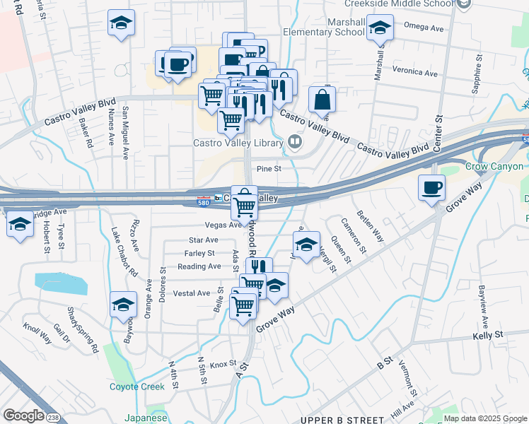 map of restaurants, bars, coffee shops, grocery stores, and more near 21504 Redwood Road in Castro Valley