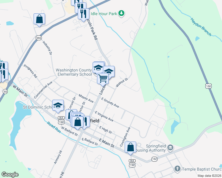 map of restaurants, bars, coffee shops, grocery stores, and more near 105 Derringer Court in Springfield