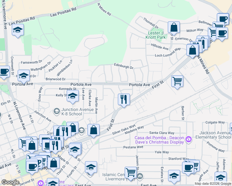 map of restaurants, bars, coffee shops, grocery stores, and more near 330 Scott Street in Livermore