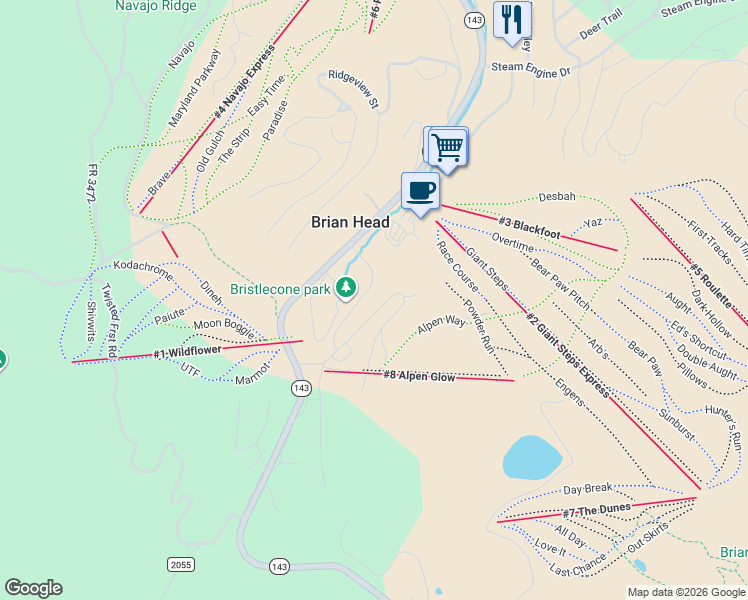 map of restaurants, bars, coffee shops, grocery stores, and more near 700 South Vasels Road in Brian Head