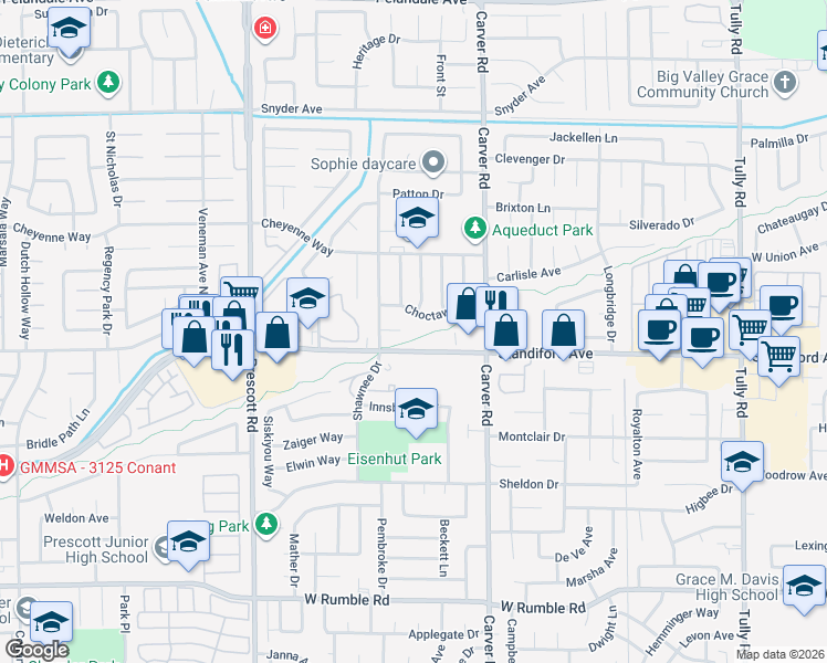 map of restaurants, bars, coffee shops, grocery stores, and more near 1809 La Corunna Place in Modesto