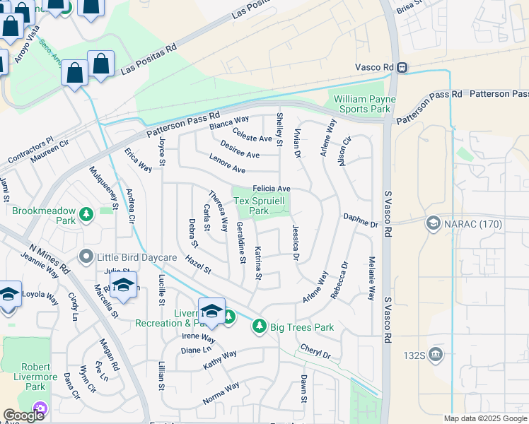 map of restaurants, bars, coffee shops, grocery stores, and more near 5411 Felicia Avenue in Livermore