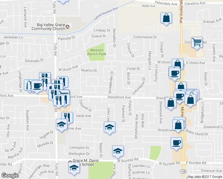 map of restaurants, bars, coffee shops, grocery stores, and more near 3516 Winegarden Drive in Modesto