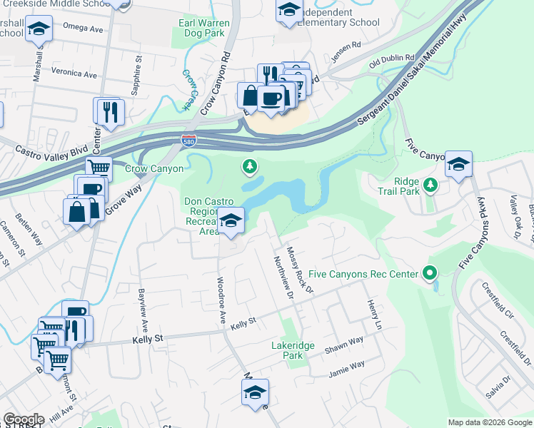 map of restaurants, bars, coffee shops, grocery stores, and more near 3320 Monika Lane in Hayward