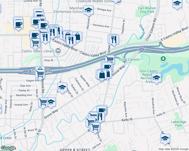 map of restaurants, bars, coffee shops, grocery stores, and more near 21907 Vernetti Way in Castro Valley