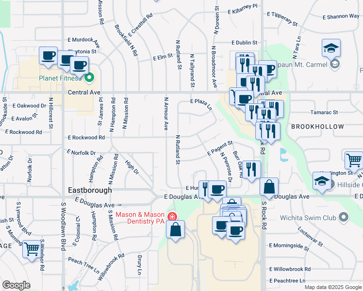 map of restaurants, bars, coffee shops, grocery stores, and more near 7333 E Rockwood Rd in Wichita