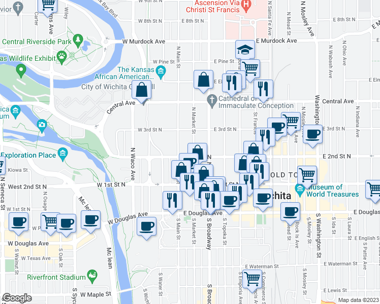 map of restaurants, bars, coffee shops, grocery stores, and more near in Wichita