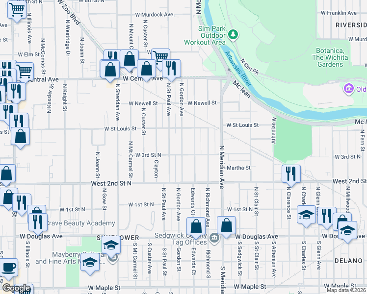 map of restaurants, bars, coffee shops, grocery stores, and more near 427 North Edwards in Wichita