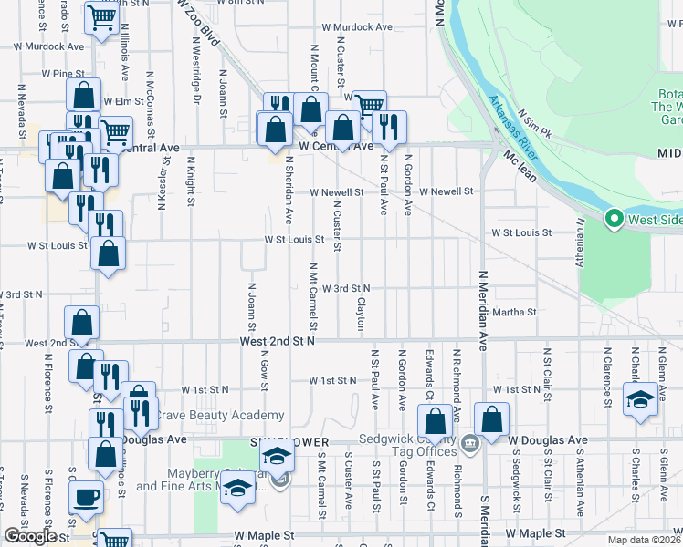 map of restaurants, bars, coffee shops, grocery stores, and more near 425 North Custer Street in Wichita