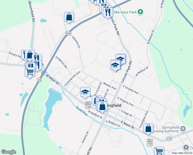 map of restaurants, bars, coffee shops, grocery stores, and more near 307 Mayes Avenue in Springfield