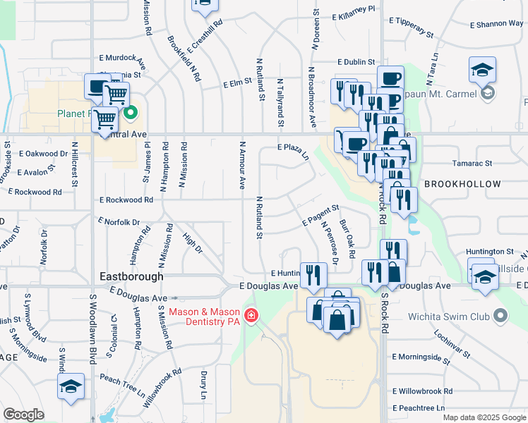 map of restaurants, bars, coffee shops, grocery stores, and more near 7333 E Rockwood Rd in Wichita