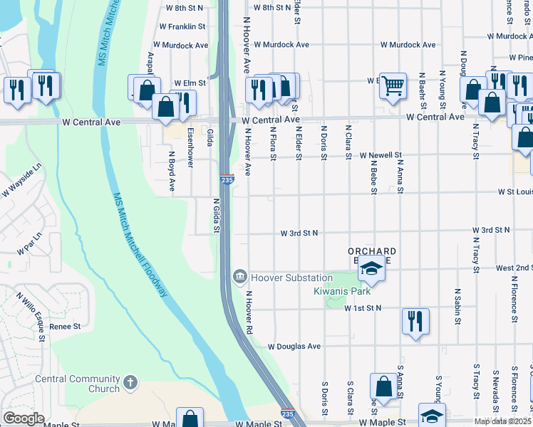 map of restaurants, bars, coffee shops, grocery stores, and more near 444 North Hoover Road in Wichita