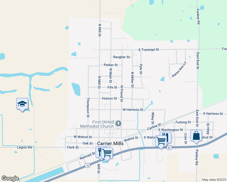 map of restaurants, bars, coffee shops, grocery stores, and more near 301-399 Fife Street in Carrier Mills